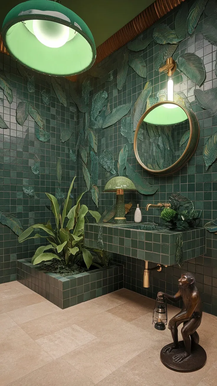 Immerse yourself in the vibrant energy of this jungle-themed bathroom. A symphony of greens, golds, and natural textures creates a captivating space, where every detail, from the leafy wall tiles to the ornate mirror, contributes to an atmosphere of playful sophistication. A true escape.