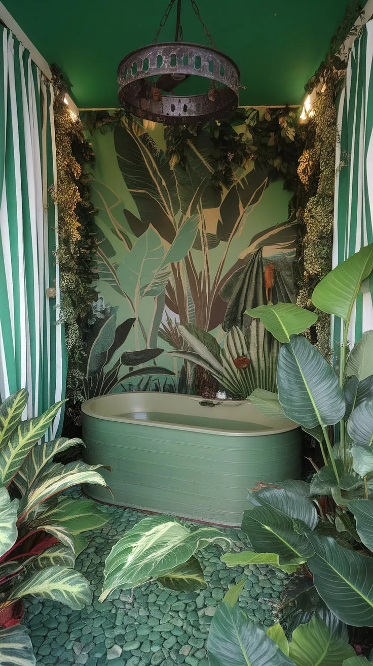 Submerge yourself in tranquility. This maximalist jungle bathroom, a haven of lush greenery and soothing water, offers an escape from the everyday. The vintage lamp casts a warm glow, enhancing the sense of A luxurious retreat.