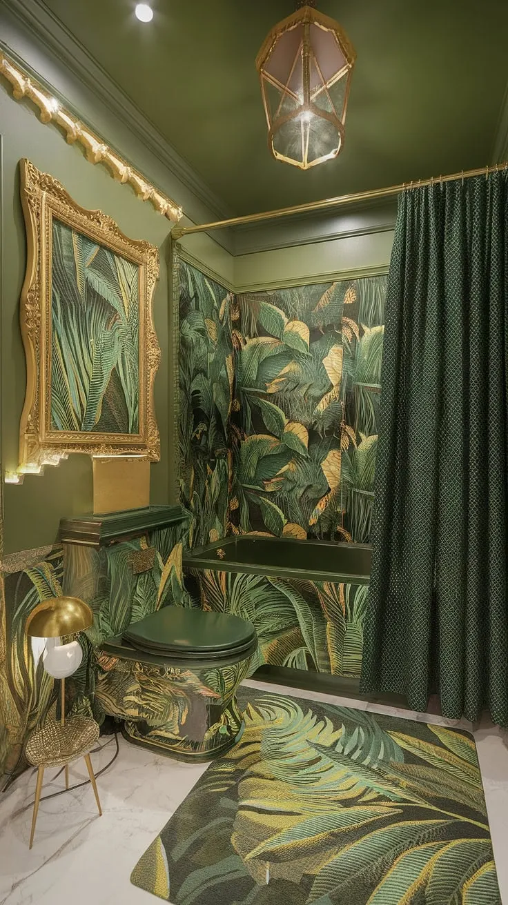 Step into a lush, opulent escape where vibrant greens and shimmering golds create a truly immersive jungle paradise. Every detail, from the patterned bathtub to the hanging lantern, whispers of exotic adventures and luxurious relaxation. This bathroom is a testament to maximalist design at its finest.