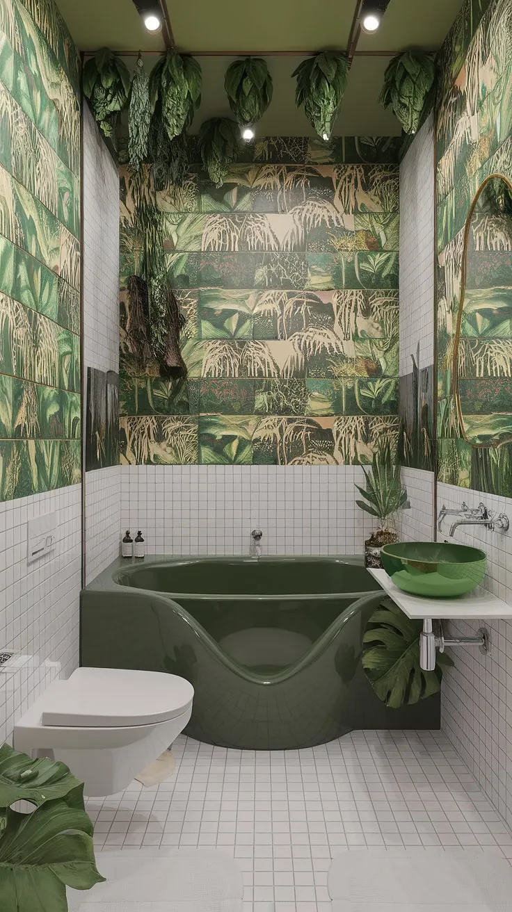 Step into a lush oasis where modern design meets jungle dreams. This maximalist bathroom is a vibrant escape, a testament to bold style and the beauty of embracing abundant, playful a details.