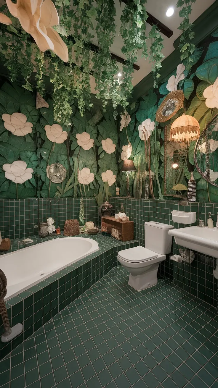 Step into a lush oasis where tranquility meets vibrant design. This maximalist jungle bathroom, with its flourishing wallpaper and abundant greenery, is a testament to the power of bold aesthetics. A sanctuary for the senses, it's a space where every detail, from the patterned floor to the cascading plants, contributes to an atmosphere of invigorating calm. A true escape.