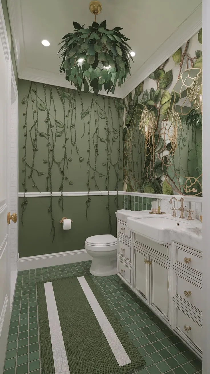 Indulge your senses in this breathtaking bathroom. A symphony of green and gold, the space is a captivating blend of nature's artistry and refined elegance. A truly unforgettable escape, where every detail is meticulously crafted for a truly immersive experience.