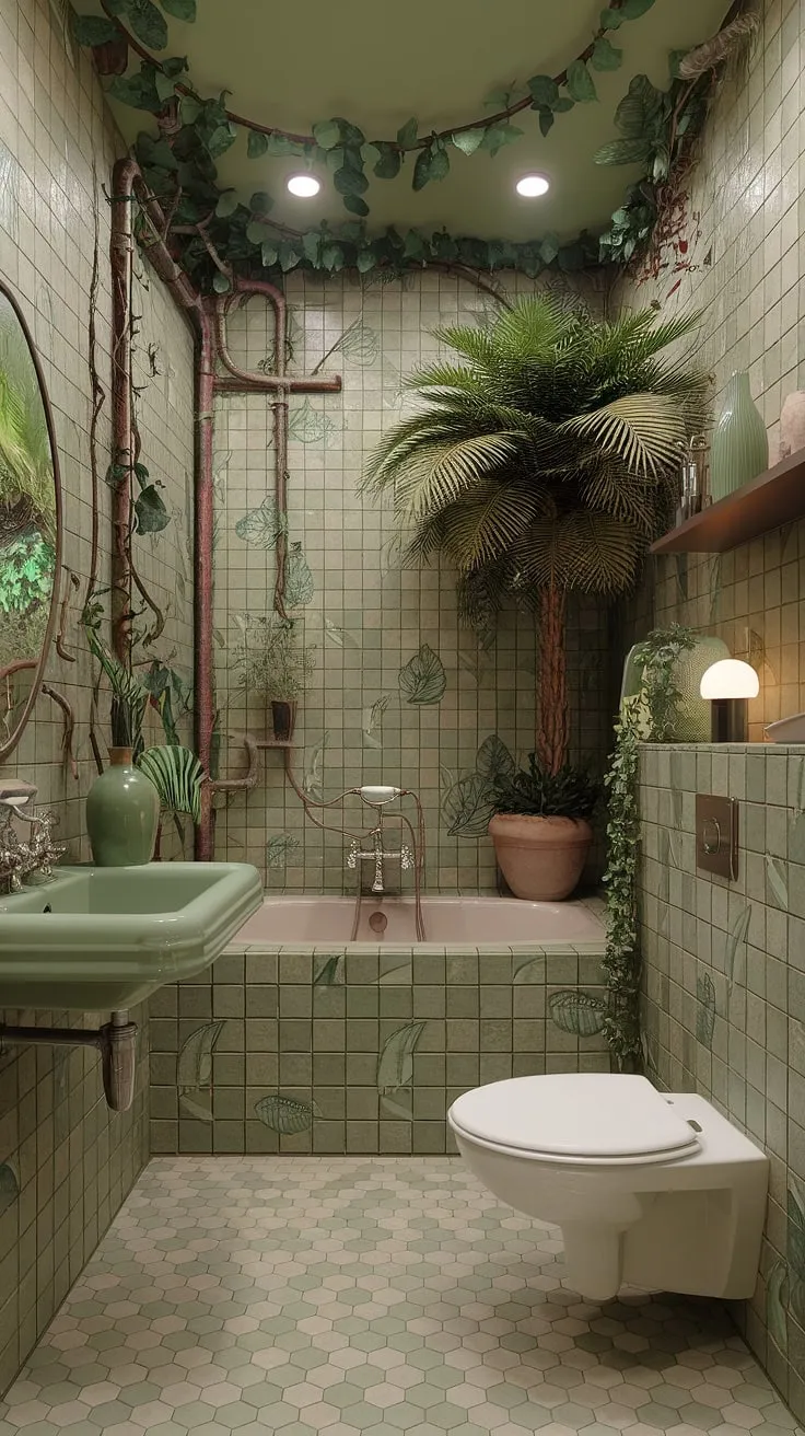Immerse yourself in the vibrant heart of this jungle-themed bathroom. Every detail, from the climbing vines to the hexagonal tiles, contributes to a captivating and utterly unique space. A testament to the power of maximalist design, this bathroom is more than just a room; it's a personal paradise. A truly unforgettable retreat.