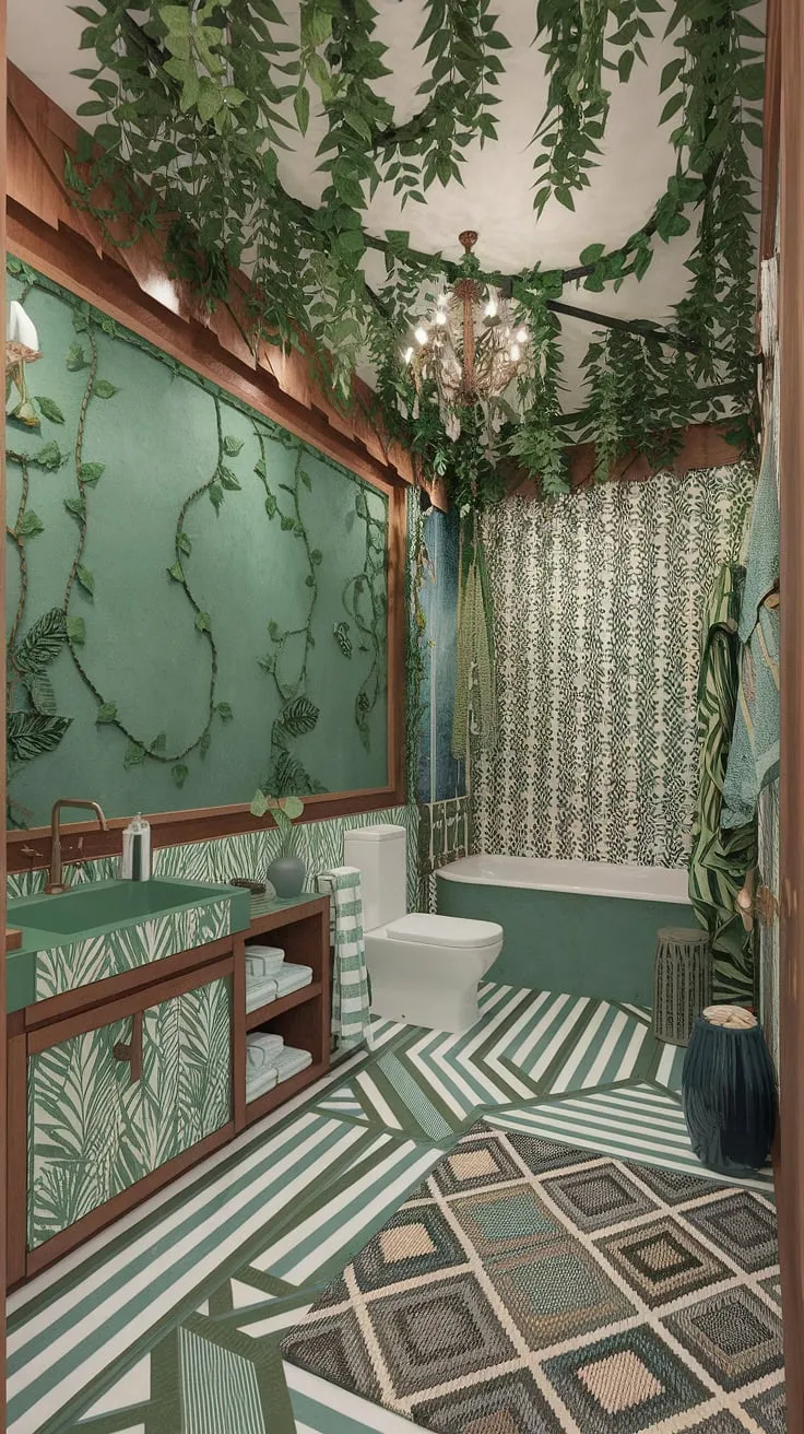 Immerse yourself in the jungle-inspired opulence of this bathroom. A symphony of greens, intricate patterns, and carefully curated details combine to create a truly unique and unforgettable bathing experience. A haven of vibrant energy and tranquil escape.