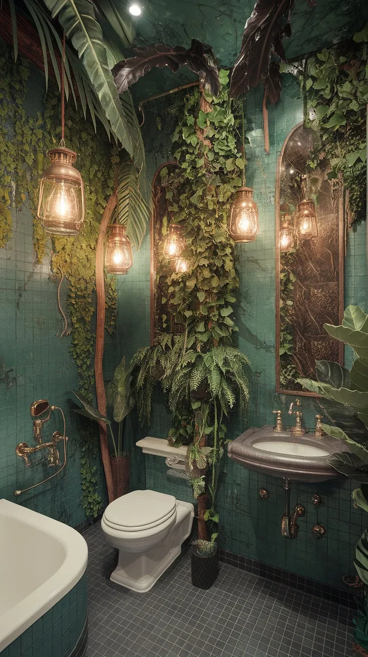 Step into a lush, hidden oasis where vintage gold fixtures meet a vibrant jungle. The air hangs heavy with the scent of exotic blooms, a testament to the transformative power of maximalist design. This bathroom is more than just a space; it's an experience.