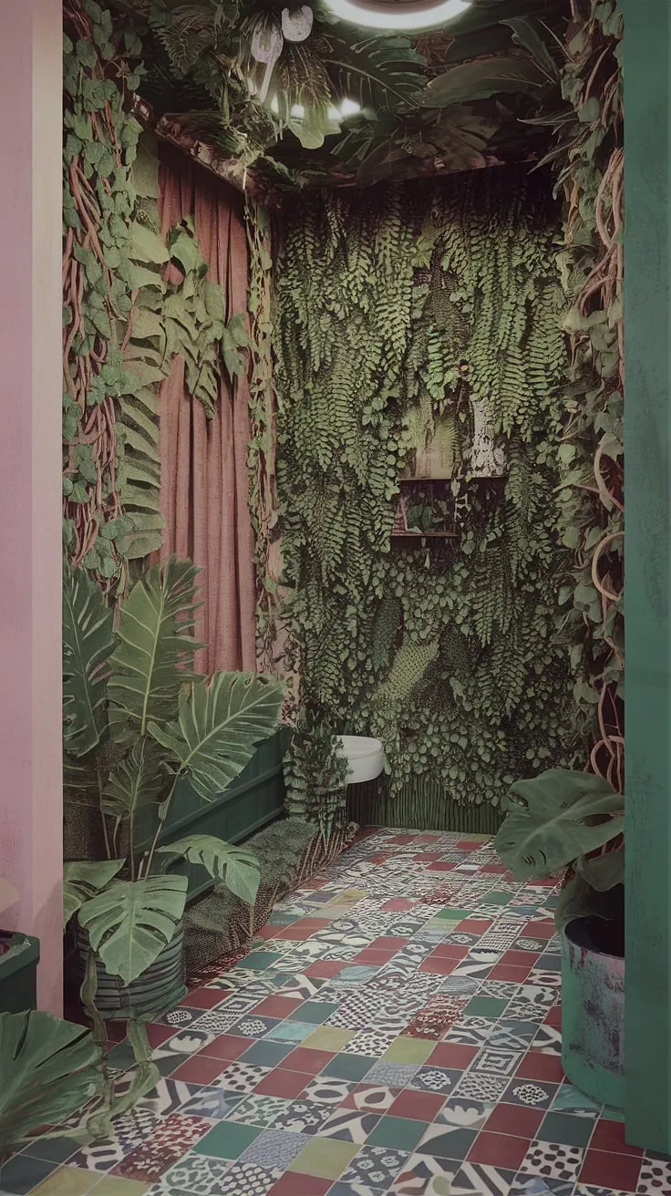 Escape to this exuberant bathroom, a riot of color and life. The walls are alive with a thriving jungle, a testament to the power of nature's artistry. A truly unique space, brimming with personality and a captivating blend of patterns and textures. A personal oasis.