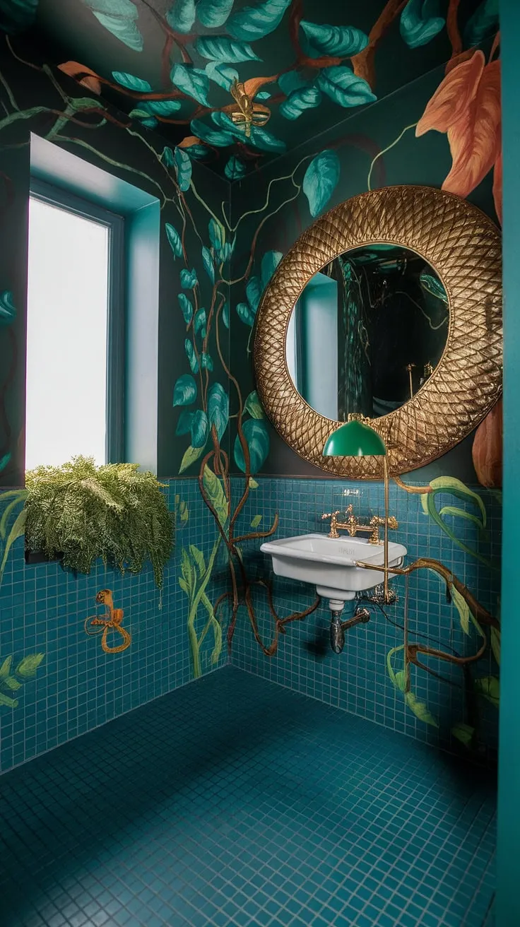 Step into a lush, jungle-inspired haven where vibrant greens meet opulent golds. The maximalist design, complete with a captivating mural and a statement mirror, creates a bathroom experience that's both invigorating and utterly luxurious. A perfect blend of nature's vibrancy and sophisticated style.