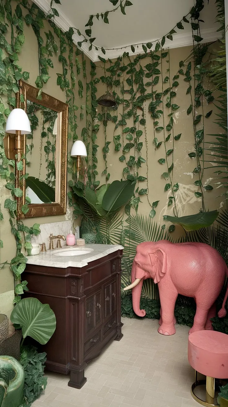 Step into a lush oasis where vibrant green walls, a majestic pink elephant, and brass accents create a truly unforgettable bathroom experience. The playful maximalism is balanced by the calming beige tiles and rich dark wood vanity, resulting in a space that's both luxurious and wildly imaginative.