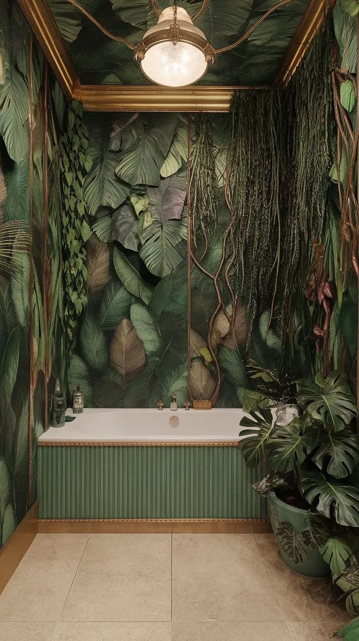 A riot of tropical greenery envelops this eclectic bathroom, transforming it into a personal jungle paradise. The striped tub, gold detailing, and vintage lighting fixtures add a touch of playful sophistication, creating a space that's both luxurious and utterly unique. A testament to the power of maximalist design.