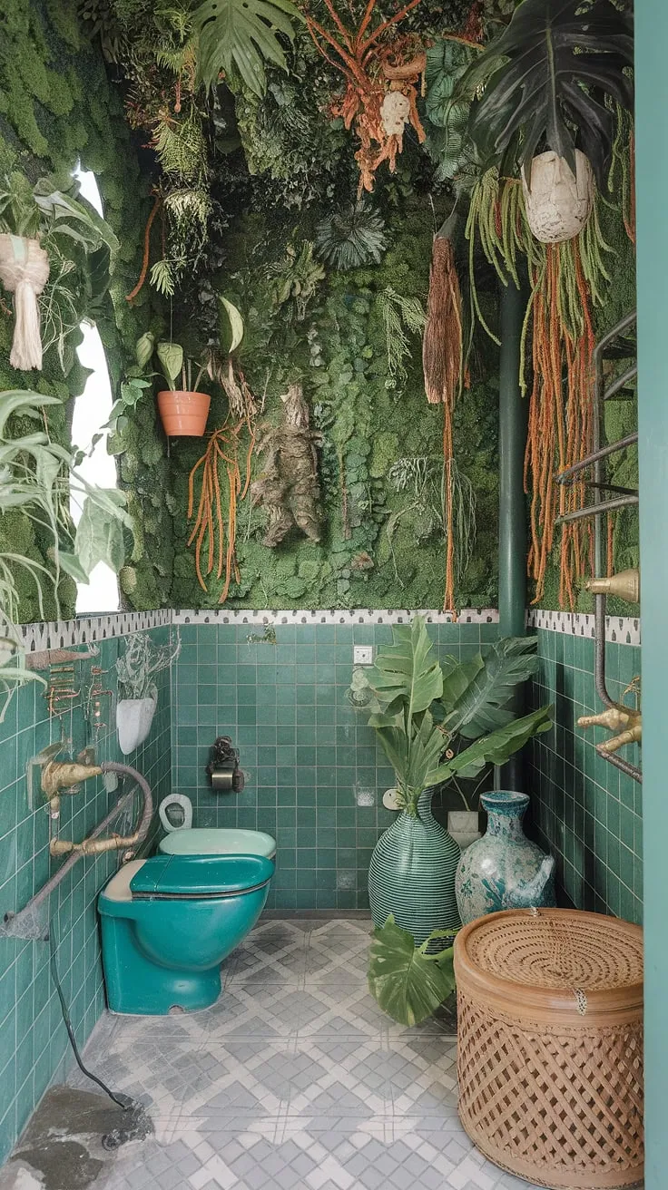 Step into a lush oasis where nature meets design. This maximalist jungle bathroom, brimming with vibrant greenery and eclectic charm, is a testament to bold, personal style. The brass fixtures and geometric tiles add a touch of vintage glamour, creating a space that's both invigorating and utterly relaxing. A true sanctuary for the soul.