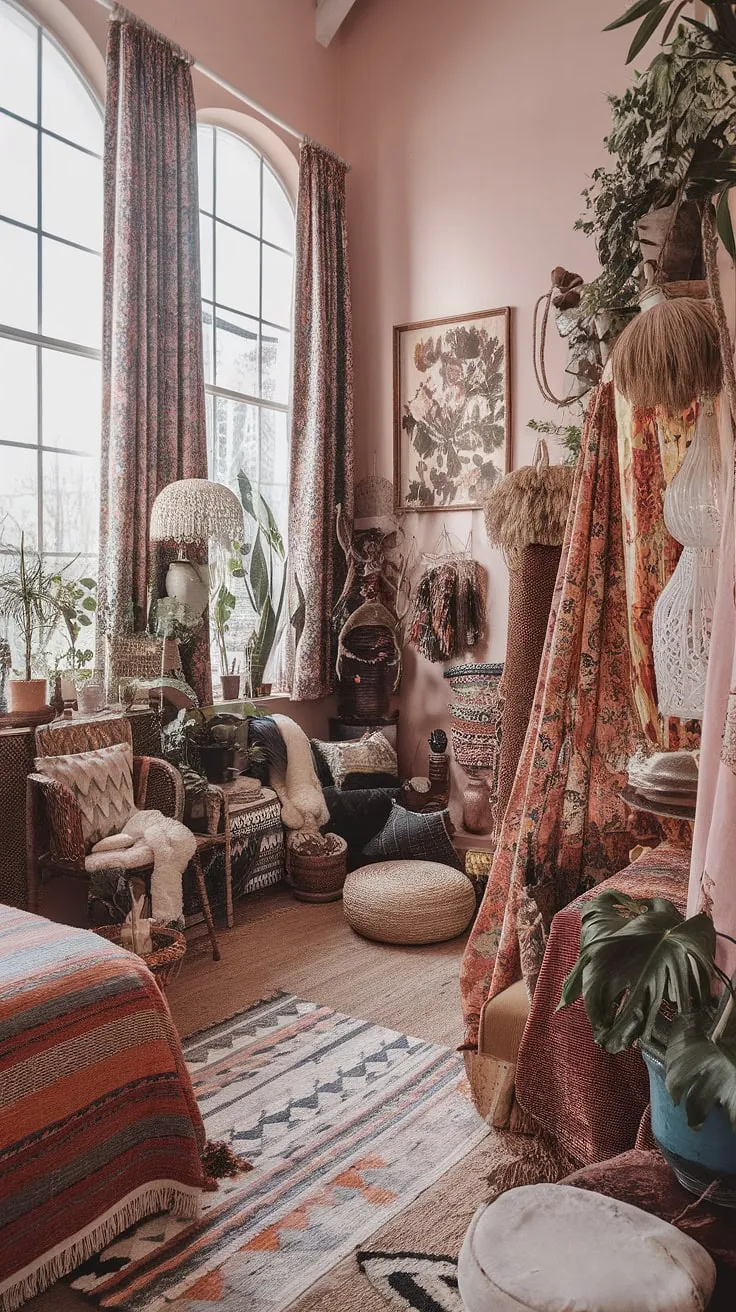A symphony of textures and colors dances within these walls. This bohemian bedroom, painted in a soft pink hue, is a testament to the beauty of collected moments. A space where vintage finds mingle with lush plants, creating a haven of vibrant energy and unparalleled comfort. A truly inspiring retreat.