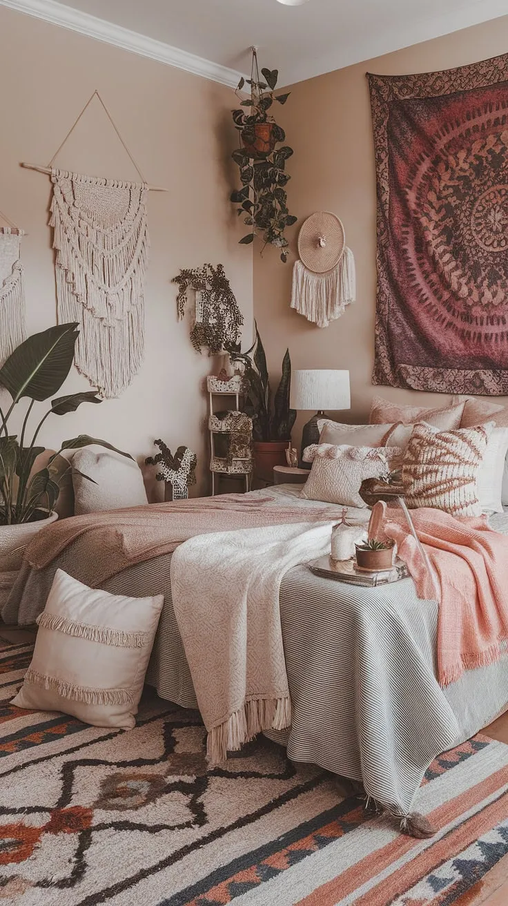 This maximalist bedroom is a dream, a curated collection of cherished objects and artistic expressions. The interplay of patterns, from the intricately woven rug to the vibrant tapestry, creates a dynamic and inspiring atmosphere; a space where comfort and creativity intertwine seamlessly.