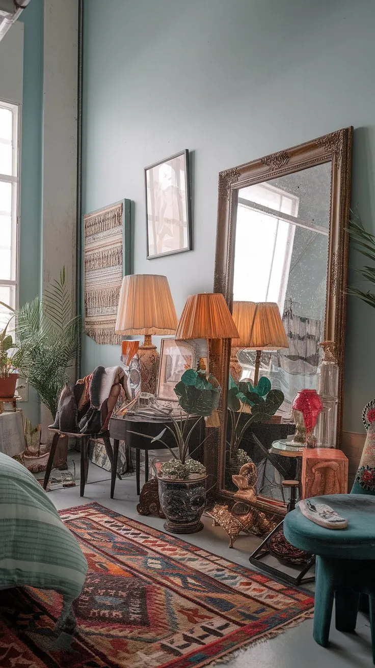 A whimsical retreat where eclectic charm reigns supreme. This maximalist bedroom is a feast for the eyes, a playful blend of vintage finds and artistic flourishes. The light blue walls provide a calming backdrop for the riot of color and pattern, creating a space that is both stimulating and serene. A perfect blend of comfort and captivating design.