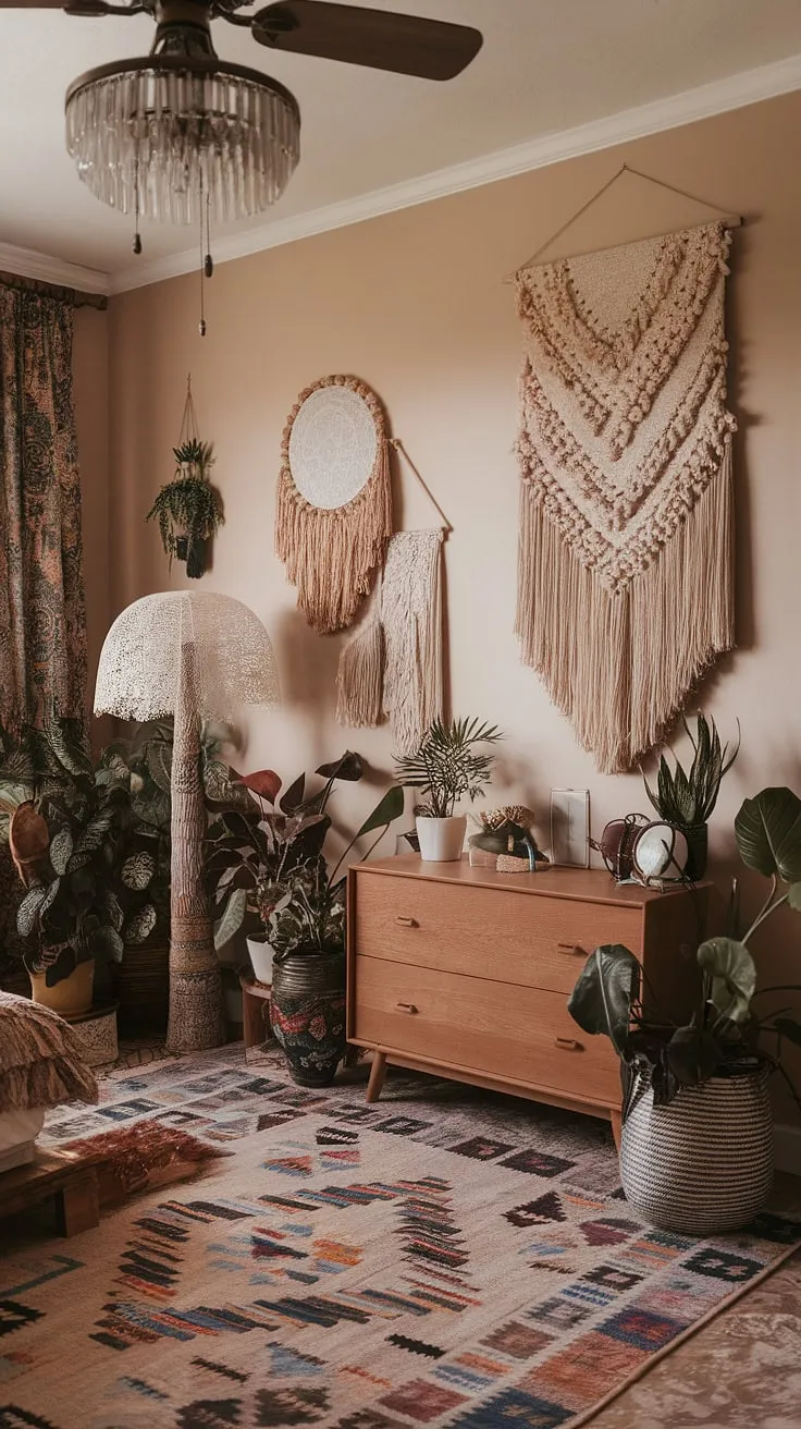 This eclectic bedroom is a testament to the beauty of curated chaos. Rich textures, from the patterned rug to the wooden dresser, blend seamlessly with the vibrant colors and artistic wall hangings. The abundance of plants and the soft glow of the lace lampshade create a truly inviting and inspiring space.