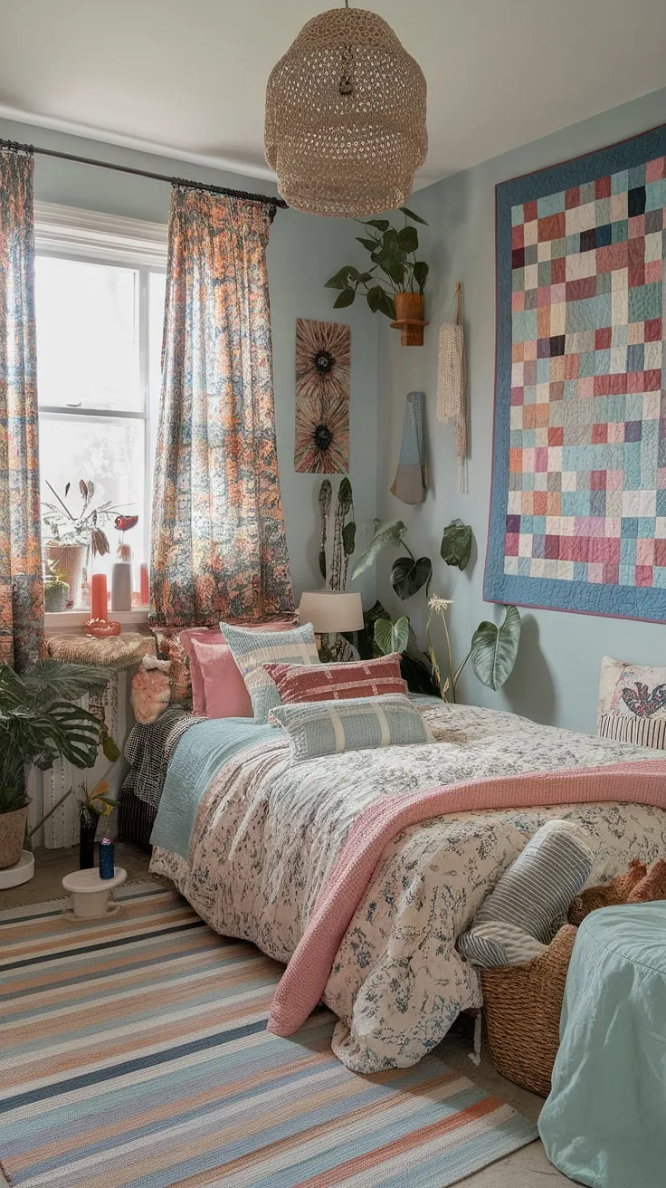 Step into a world of whimsical wonder. This bohemian haven is a feast for the senses, a captivating blend of rich patterns, textures, and colors. From the floral bedspread to the striped rug, every detail tells a story, reflecting a unique and spirited personality. A sanctuary of self-expression, it's a space where comfort and artistry intertwine seamlessly.