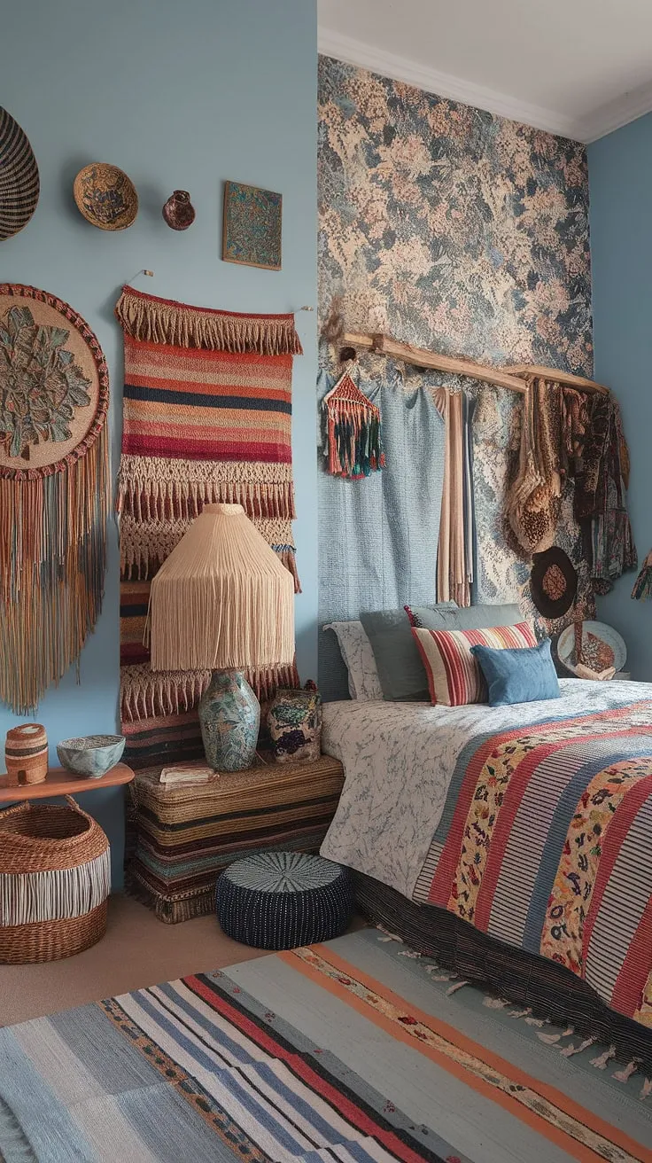Dive into a dream: This maximalist bohemian bedroom, painted in a soft, calming blue, is a vibrant explosion of pattern and texture. The floral wallpaper, striped rug, and patterned quilt create a playful, layered aesthetic, while the fringed lamp and eclectic accessories add a touch of whimsical charm. A haven of artistic expression and cozy comfort.