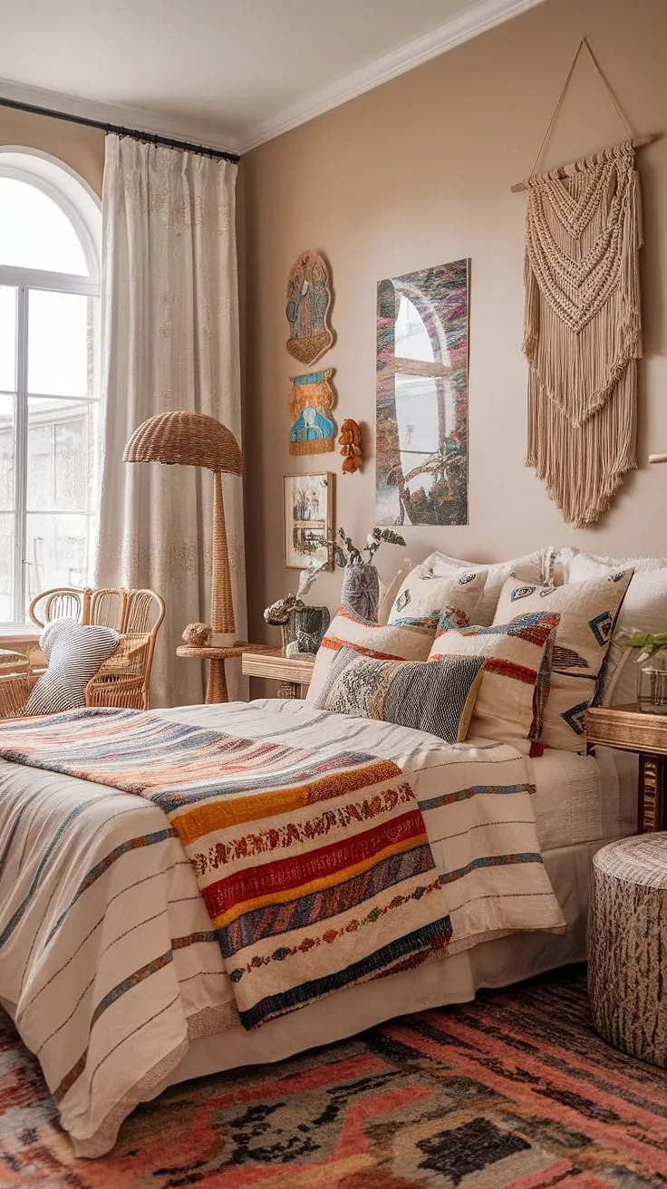 Escape the ordinary in this maximalist bohemian haven. Layers of patterned pillows, a captivating macrame wall hanging, and a vintage lamp add to the room's whimsical energy. The rattan chair offers a cozy spot to unwind, while the patterned rug grounds the eclectic mix of textures and colors. A space where creativity and comfort collide.