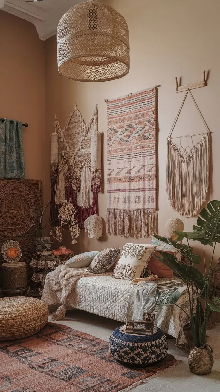 This maximalist bedroom is a vibrant expression of personal style. A symphony of patterns, textures, and colors dances across the high ceilings and patterned rug, creating a space that is both eclectic and inviting. A testament to the power of curated chaos, this room is a haven where creativity thrives.