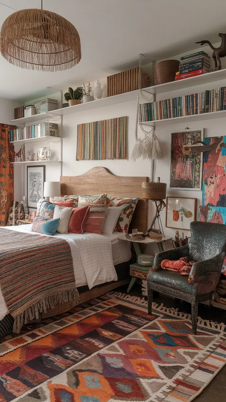 A kaleidoscope of color and pattern explodes in this maximalist bohemian bedroom. Every corner whispers a story, from the intricately patterned rug to the overflowing bookshelf, each piece carefully chosen to contribute to the room's vibrant energy. A true reflection of its inhabitant's free-spirited nature.