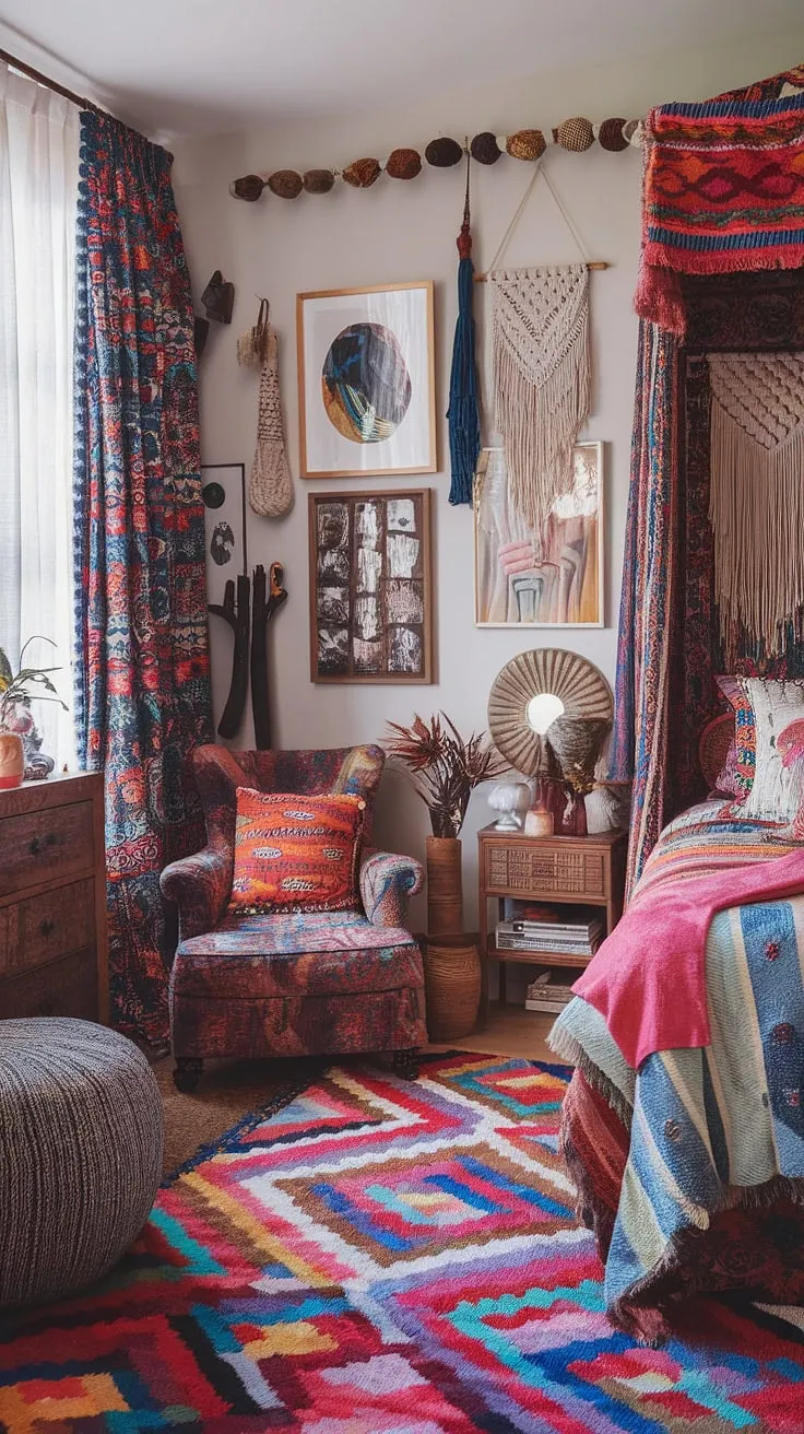 Dive into a world of vibrant textures and eclectic patterns in this bohemian haven. The rich tapestry of colors and curated details creates a space that's both playful and deeply personal, a true reflection of its inhabitant's unique style. A sanctuary of self-expression, where every corner whispers a story.