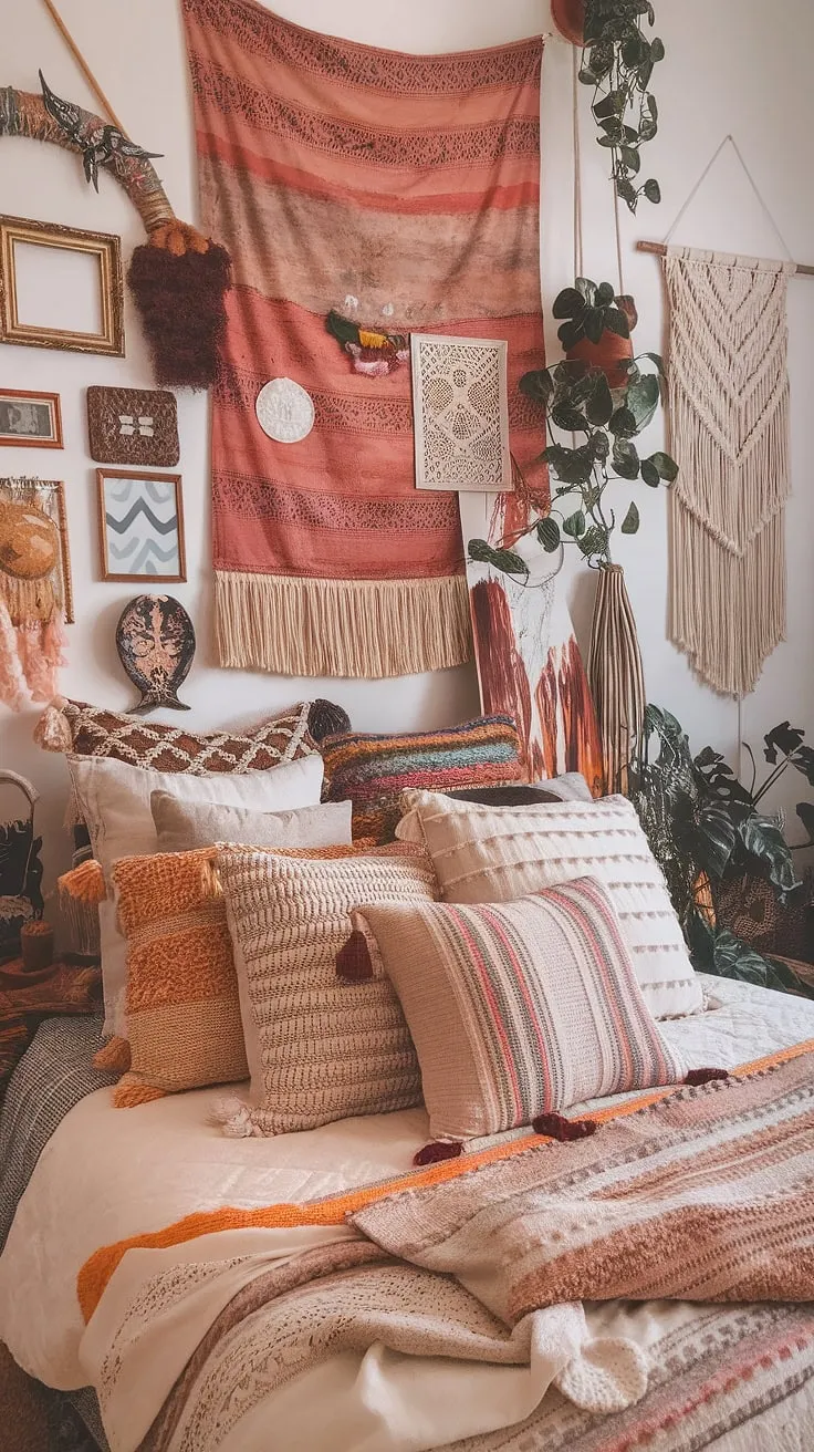 This bohemian bedroom is a captivating blend of color, pattern, and texture. A kaleidoscope of artistry, it showcases a fearless approach to design, proving that more is truly more. A space brimming with personality, it's a testament to the power of self-expression and a celebration of the unique.