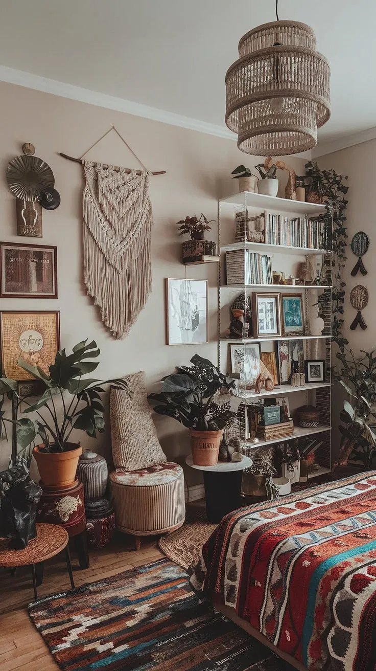 A kaleidoscope of color and pattern explodes in this maximalist bohemian bedroom. Every corner is a curated vignette, showcasing a unique blend of vintage treasures and handcrafted artistry. A haven of creativity, this room is a testament to the power of personal expression, where bold patterns, lush plants, and beloved books create a space that is both vibrant and deeply comforting. A true reflection of its inhabitant's soul.