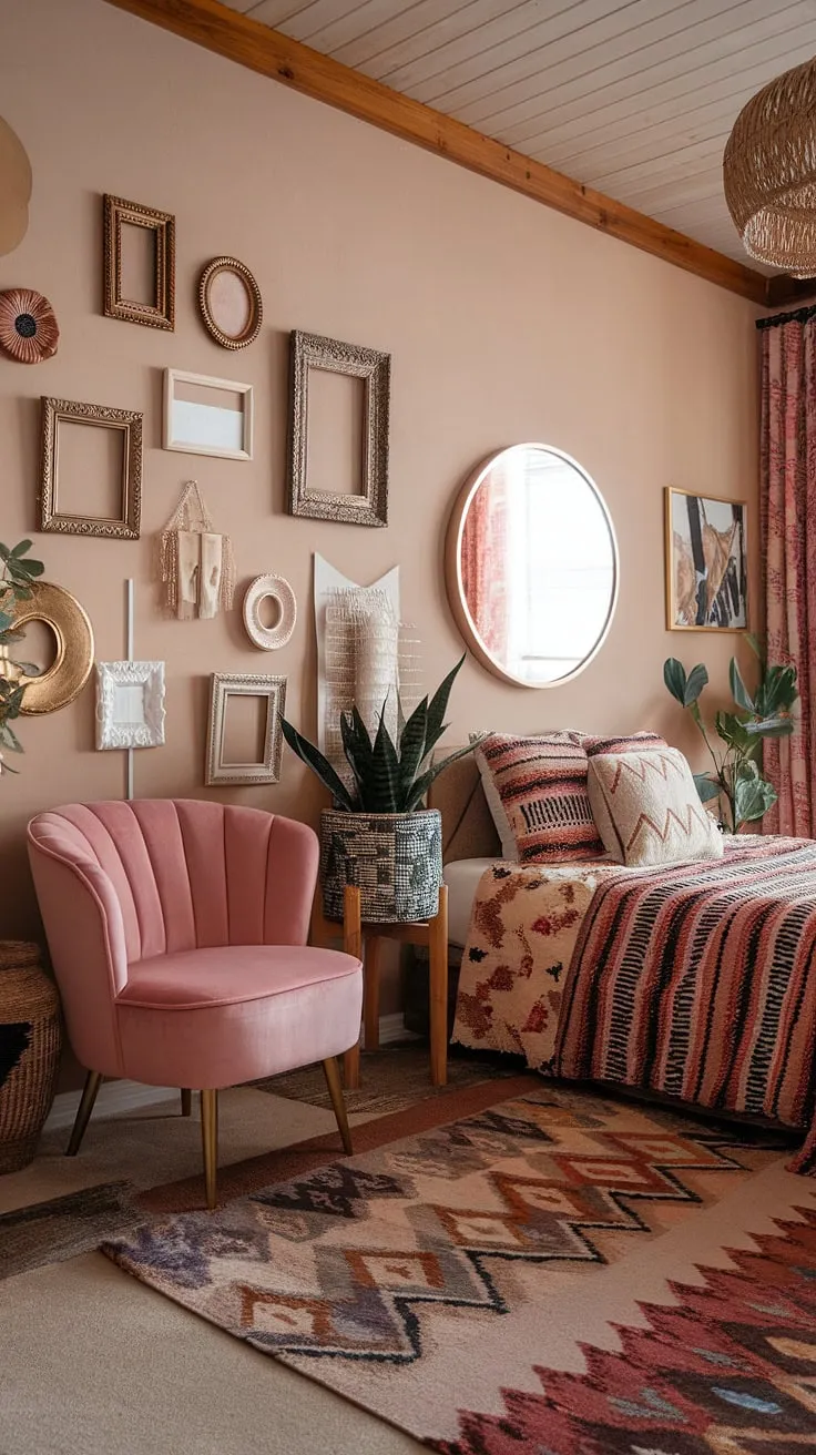 This maximalist bedroom is a dream woven from eclectic finds and warm, inviting textures. The carefully arranged gallery wall, the plush pink chair, and the patterned rug all contribute to a space that feels both wildly creative and deeply comforting. A true reflection of its inhabitant's soul.