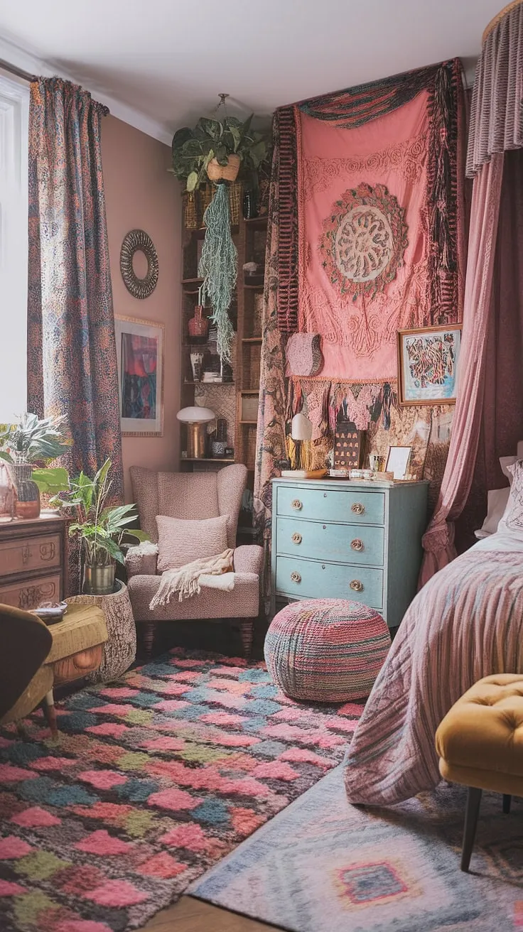 Step inside a kaleidoscope of color and pattern. This maximalist bedroom is a celebration of individuality, where every detail tells a story. A symphony of textures, from plush rugs to vintage finds, creates a space that's both inviting and utterly unique; a true reflection of its inhabitant's spirit. A haven of bohemian bliss.