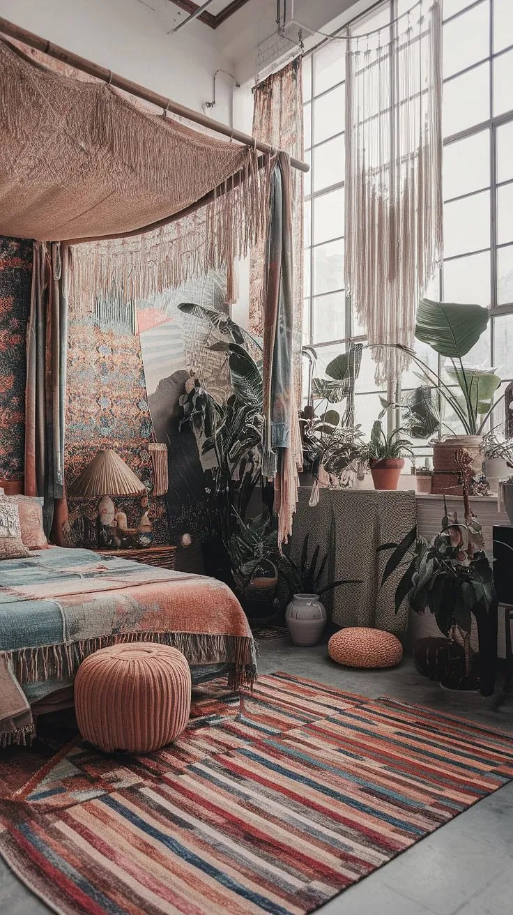 Escape the ordinary in this richly layered bohemian bedroom. A symphony of color and pattern, from the intricately designed wallpaper to the eclectic mix of textures and objects, creates a truly captivating space. The high ceilings and large windows flood the room with natural light, illuminating the lush greenery and artistic details. A place where comfort meets creativity, where every corner holds a unique treasure, and where the spirit is free to roam.