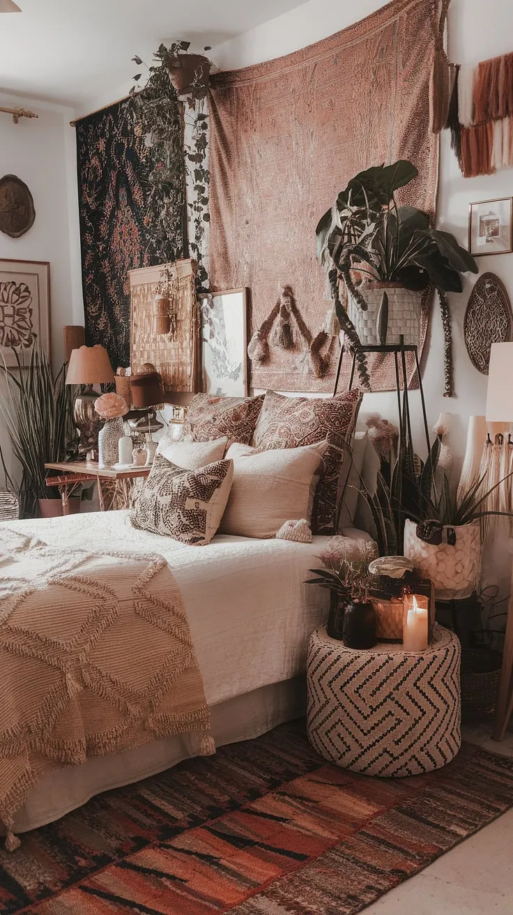 A kaleidoscope of color and pattern explodes in this bohemian bedroom. From the richly layered textiles to the carefully curated artwork, every element contributes to a captivating and intensely personal aesthetic. A haven of comfort and inspiration, it's a space designed for dreaming and creating. A true reflection of individual style.