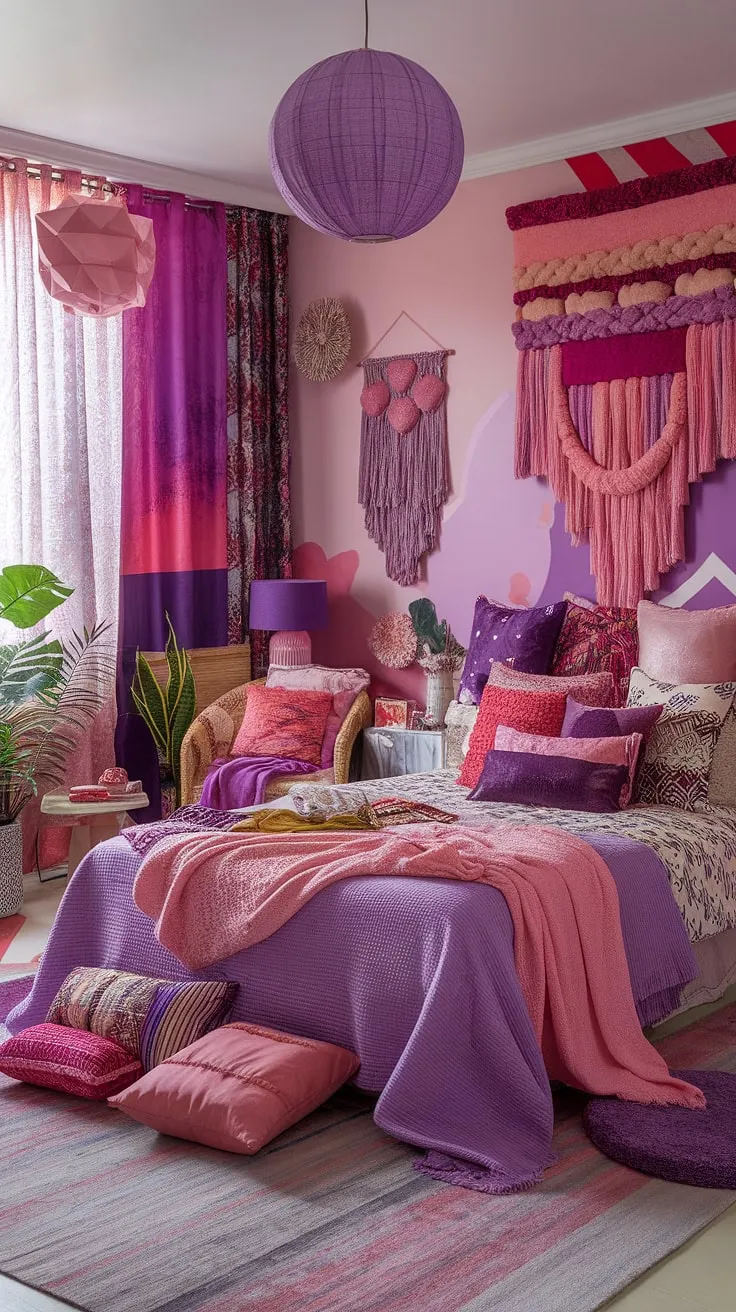 Dive into a dream: This maximalist bohemian bedroom is a vibrant explosion of purple and pink, layered with textures, patterns, and a playful spirit. Every corner whispers comfort and invites you to lose yourself in its whimsical charm. The eclectic mix of pillows, throws, and decorative accents creates a truly unique and inviting space.