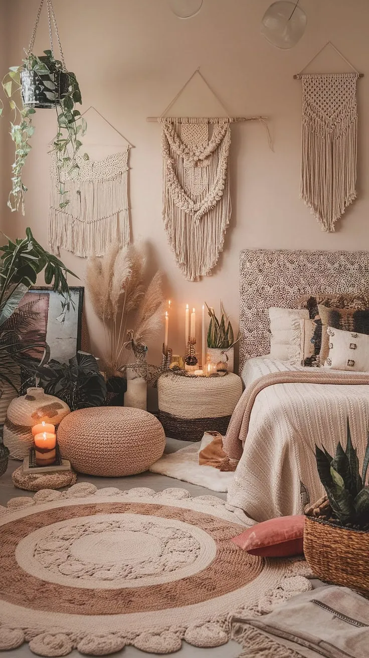 Sunlight streams into this bohemian haven, illuminating a symphony of textures and patterns. The handcrafted macrame wall hanging, intricately braided rug, and richly patterned headboard create a haven of artistic expression, a testament to the beauty of collected moments and curated comfort. This is more than just a bedroom; it's a sanctuary.