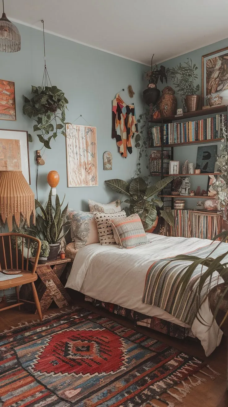 A symphony of color and pattern creates a truly unique and inviting space. This maximalist bedroom, bathed in soft blue light, is a testament to the beauty of embracing individuality. Every corner whispers of personality, from the cozy bed piled high with pillows to the vintage lamp casting a warm glow over the eclectic collection of books and treasures.