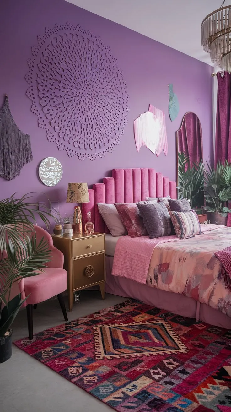 Dive into a dream: This maximalist bohemian bedroom is a vibrant explosion of color, pattern, and personality. The rich purple walls, plush pink headboard, and eclectic mix of textures create a space that's both playful and sophisticated. Every detail, from the intricate rug to the hanging chandelier, tells a story. It's a haven designed for self-expression and joyful living.