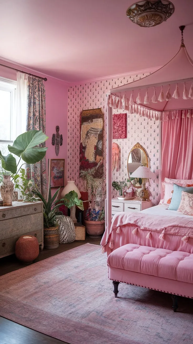 A riot of color and texture, this bedroom is a celebration of individuality. The pink walls, patterned wallpaper, and eclectic mix of furniture and art create a truly unique and inspiring space. A haven of comfort and creativity, it's a place where imagination runs wild and personal style reigns supreme.