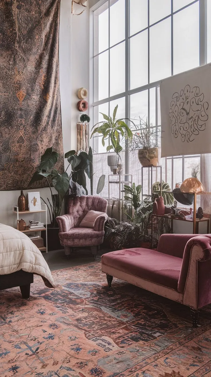 Indulge your senses in this richly layered bohemian bedroom. A symphony of color and texture unfolds, from the patterned rug beneath your feet to the velvet chaise inviting you to relax. A curated collection of plants, art, and unique finds creates a space that is both vibrant and calming. A perfect example of how to embrace maximalism and create a truly personal sanctuary.