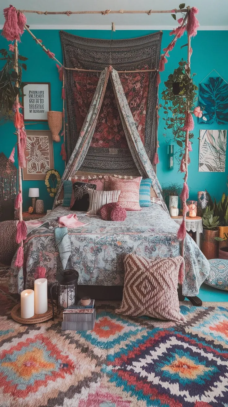 Dive into a vibrant dreamland where turquoise walls whisper tales of faraway lands. A kaleidoscope of patterns and textures, from the floral canopy bed to the eclectic array of art, creates a bohemian haven bursting with personality. This is more than just a bedroom; it's a sanctuary of self-expression.