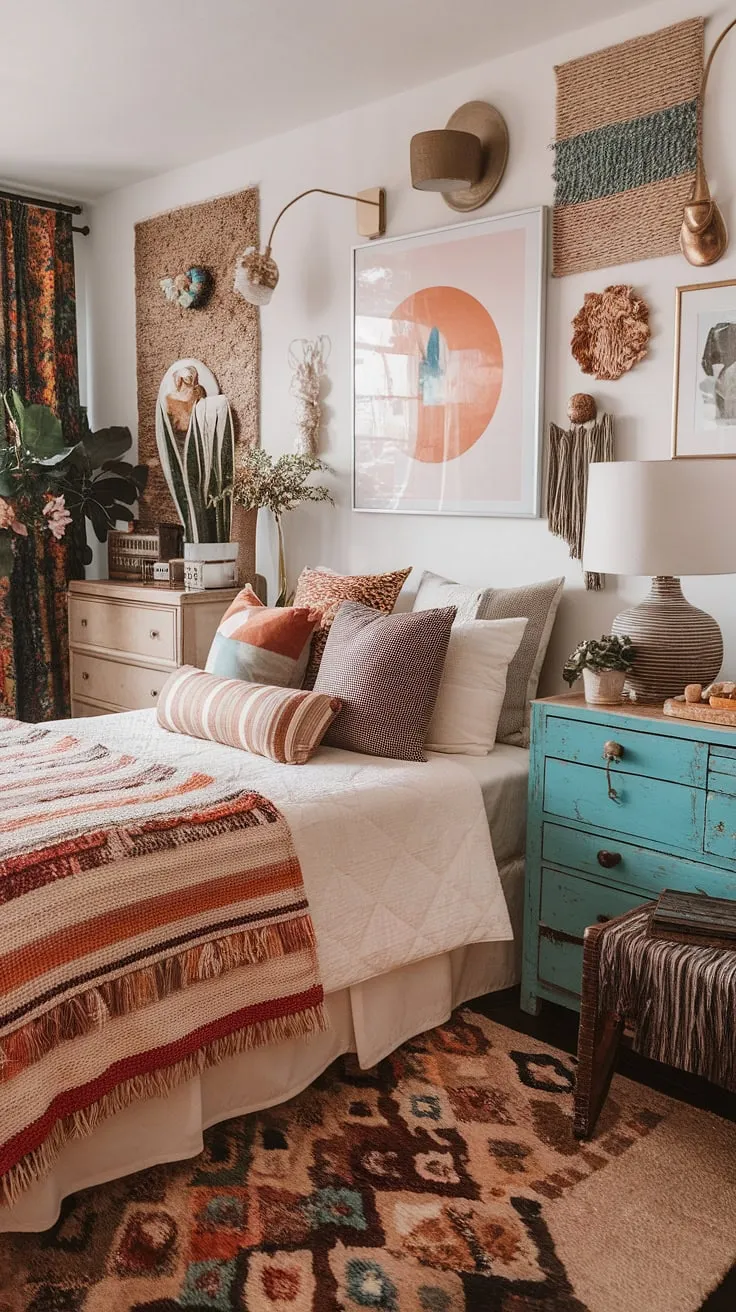 Dive into a world of vibrant patterns and textures in this maximalist bohemian haven. The eclectic mix of furniture, art, and textiles creates a space that's both playful and deeply personal, a true reflection of its inhabitant's unique style. A sanctuary of self-expression, where comfort meets creativity.