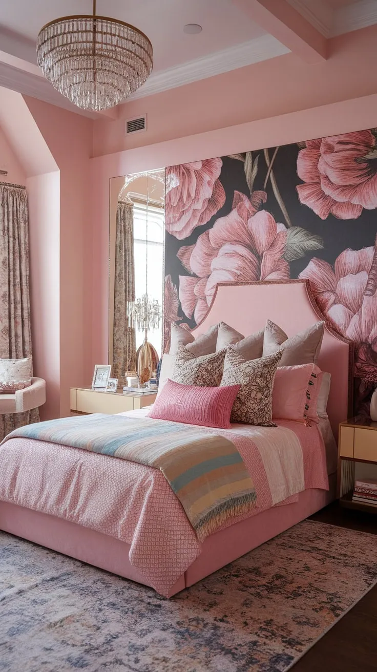 Dive into a world of vibrant bohemian bliss. This dreamy bedroom, painted in a soothing blush, is a testament to the joy of maximalist design. The layered textiles, bold wallpaper, and eclectic accessories create a truly unique and captivating atmosphere; a sanctuary brimming with character and charm.