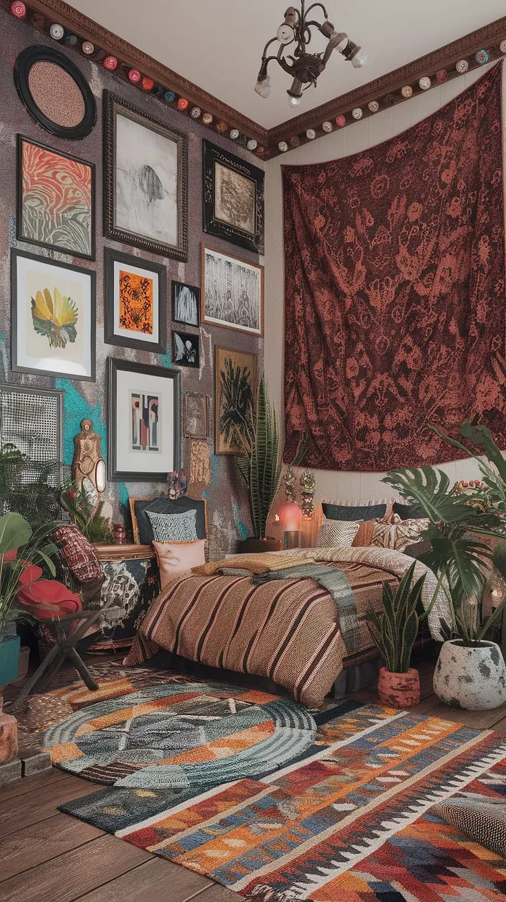 Dive into a kaleidoscope of color and pattern in this maximalist bedroom. A curated collection of vintage finds and artistic expressions creates a space that's both playful and deeply personal. A haven of comfort and inspiration, it's a room that celebrates individuality and the beauty of collected moments. A feast for the eyes and a sanctuary for the soul.