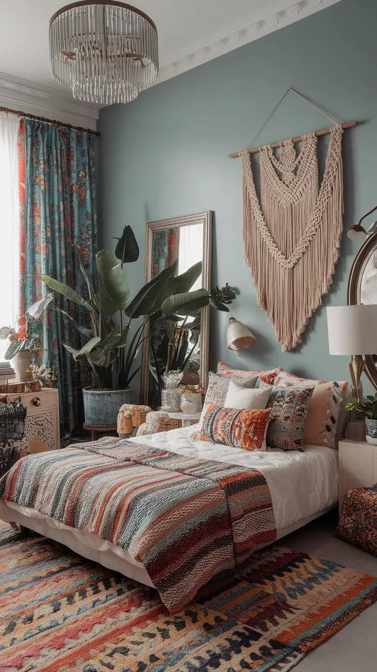 A symphony of color and pattern unfolds in this dreamy bohemian bedroom. The high ceilings and soft blue walls provide the perfect backdrop for a curated collection of treasures: from the intricate macrame wall hanging to the lush potted plant, every element contributes to a rich and inviting atmosphere. It's a space where comfort meets creativity, a true reflection of its inhabitant's unique personality.