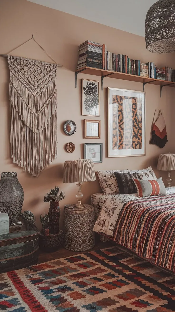 This bohemian bedroom is a vibrant tapestry of textures and colors, a haven where vintage lamps cast a warm glow on eclectic artwork and a cozy, patterned bed. The carefully curated collection of books and decorative objects speaks to a soul brimming with creativity and a love for unique finds. A true reflection of its inhabitant's personality.