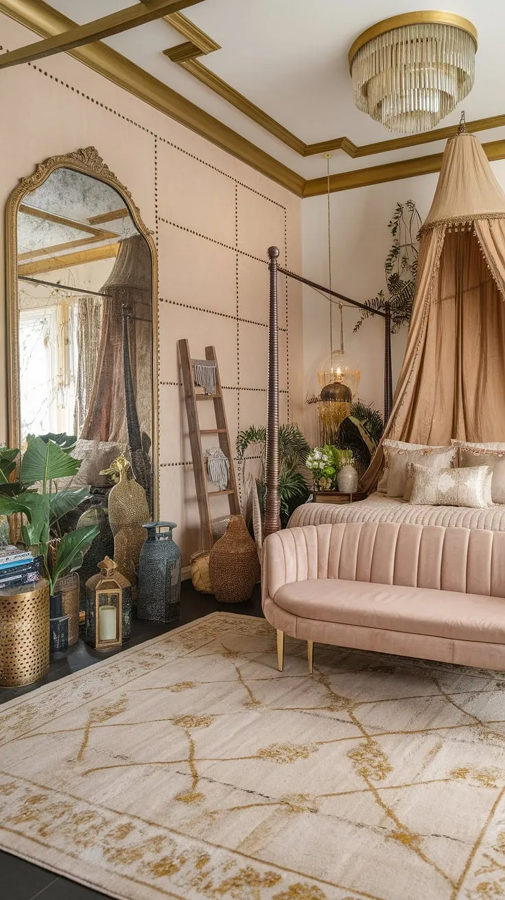 Lost in the opulent details of this bohemian haven, where gilded accents dance with textured fabrics and the air hums with creative energy. A sanctuary of curated chaos, a testament to the beauty found in embracing the maximalist spirit. A space where dreams are woven from threads of gold and whispers of adventure.