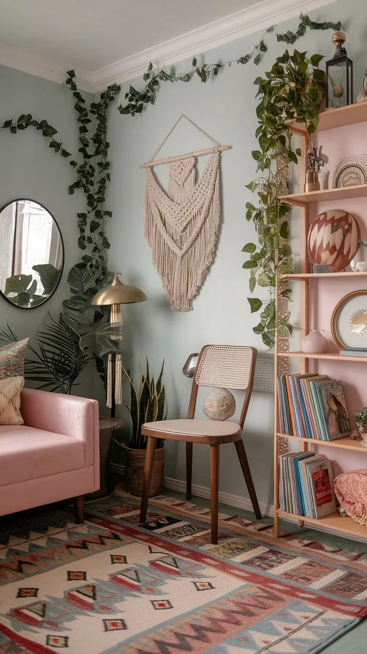 Step into a whimsical retreat where color and pattern dance together. This maximalist bedroom, bathed in soft blue light, is a celebration of individuality. From the vintage lamp casting a warm glow to the overflowing bookshelf and the lush plant life, every detail speaks to a soul brimming with creativity. The pink couch offers a cozy spot to unwind amidst the artistic chaos.
