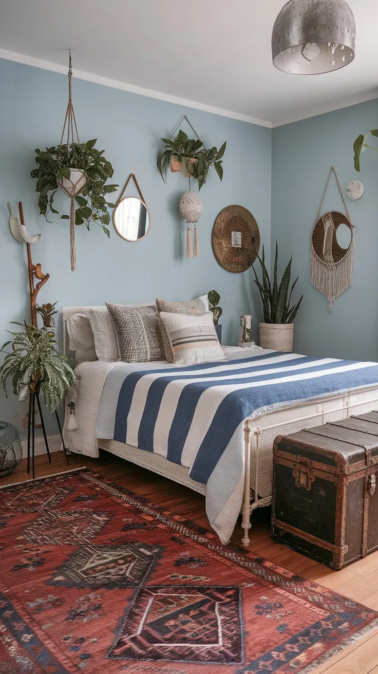 Drift off to sleep in this dreamy bohemian haven, where vibrant patterns and textures create a haven of artistic expression. The soft blue walls, vintage trunk, and overflowing greenery cultivate a sense of calm amidst the playful maximalism. A perfect blend of comfort and curated chaos.