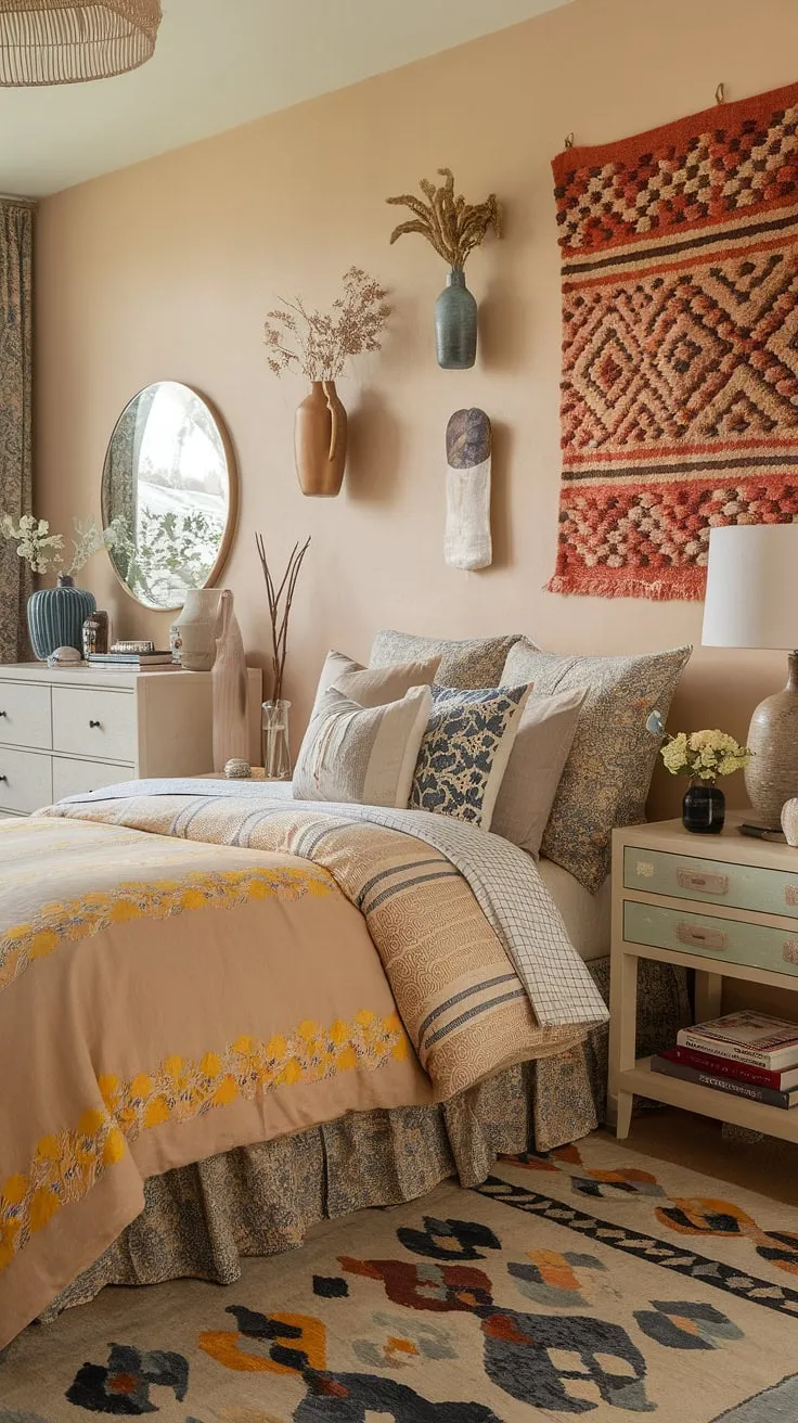 This bohemian bedroom is a vibrant explosion of color and texture, a haven of artistic expression where comfort meets creativity. The eclectic mix of patterns and furnishings creates a truly unique and inspiring space. A feast for the eyes, it's a testament to the power of personal style.