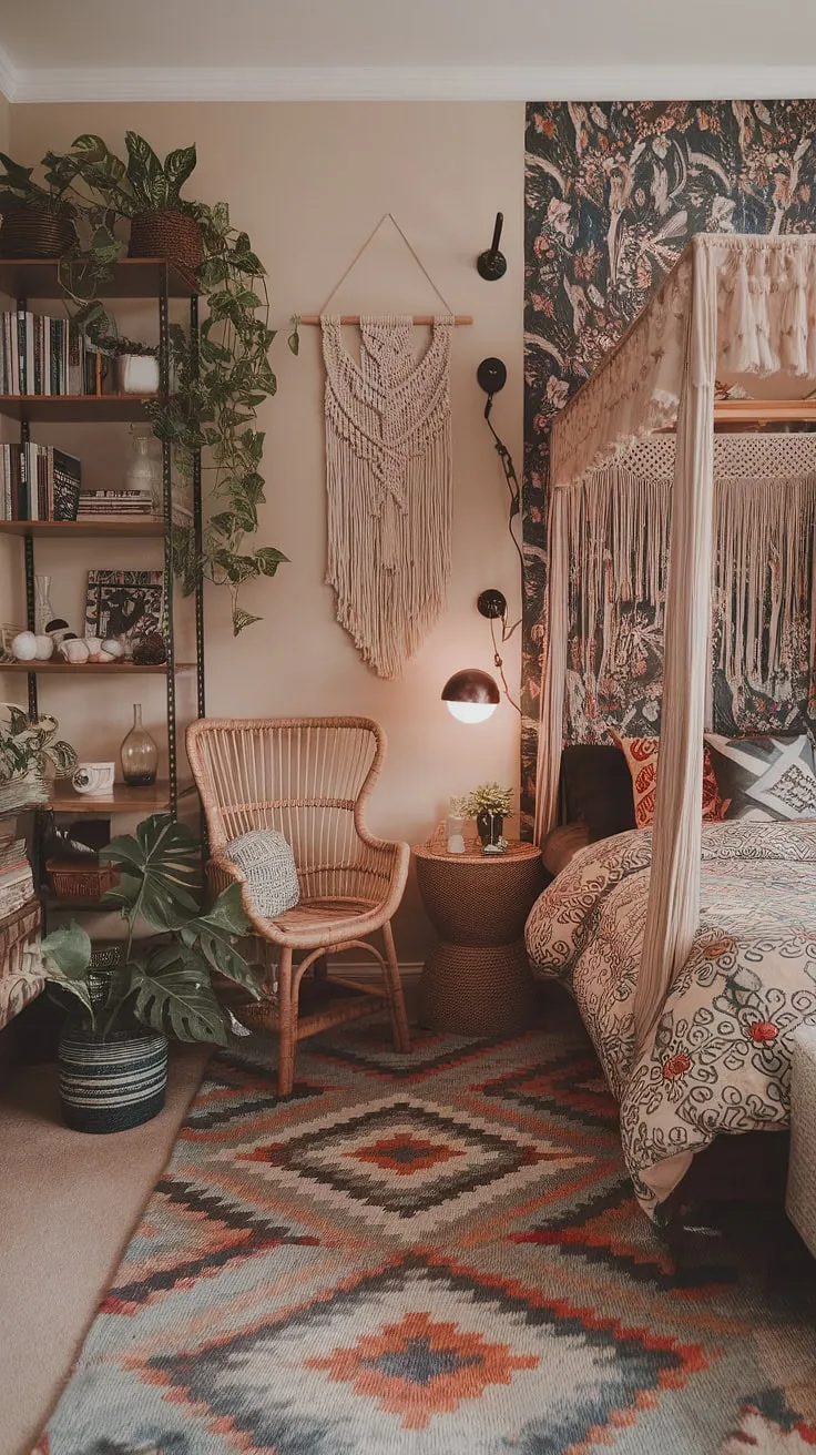 This maximalist bedroom is a dream come true. Every corner is filled with personality, from the floral wallpaper and patterned rug to the overflowing bookshelf and canopy bed. The abundance of plants adds a touch of nature's serenity, creating a space that's both visually stimulating and incredibly inviting. A true reflection of a free spirit.