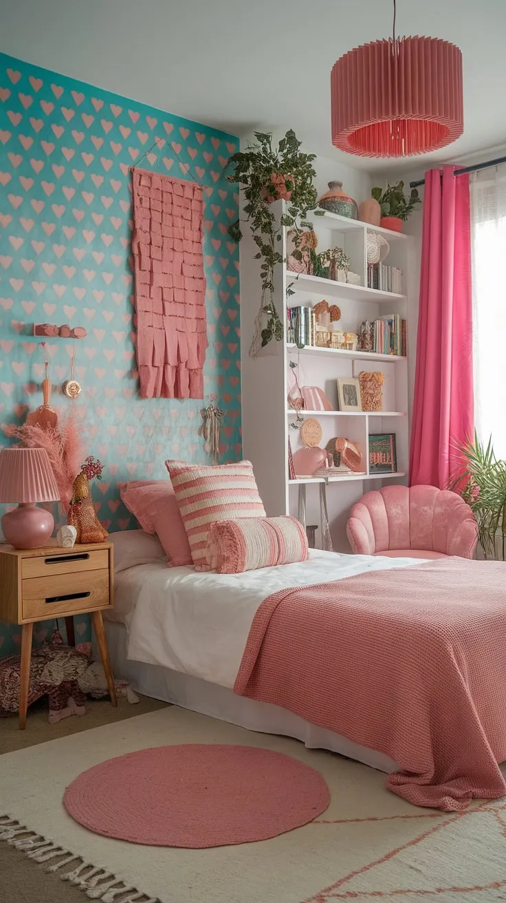 Dive into a world of color and comfort in this enchanting bohemian bedroom. The turquoise walls, adorned with playful pink hearts, set the stage for a vibrant display of textures and patterns. From the pink curtains to the cozy pink rug, every detail is carefully chosen to create a space that is both stylish and deeply personal. A haven of creativity and self-expression, this room is a celebration of individuality and the beauty of collected moments.