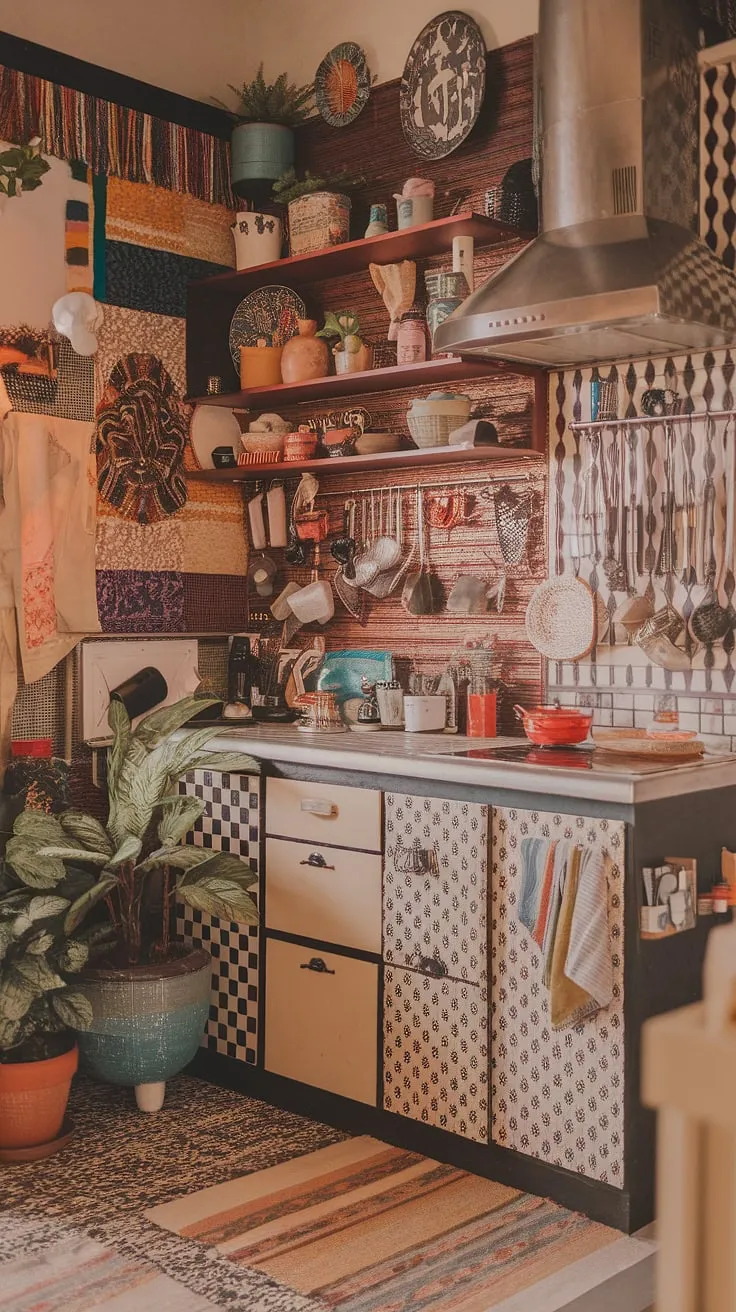 This maximalist kitchen is a feast for the senses-a playful explosion of color, pattern, and personality. Every detail, from the eclectic cabinets to the flourishing plants, tells a story, making it a truly a unforgettable space.