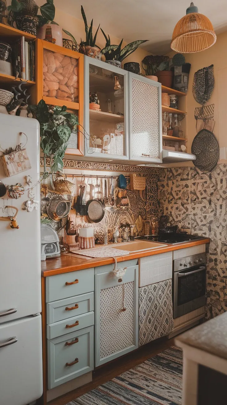 This maximalist kitchen is a feast for the senses; a playful explosion of color, pattern, and texture. A curated collection of plants and decorative objects adds to the bohemian spirit, creating a space that's as unique and vibrant as its inhabitants. A truly inspiring and joyful heart of the home.